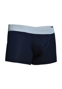 Boxer shorts blu navy realizzati in tessuto morbido, con un elastico azzurro chiaro in vita con marchio impresso e un design aderente.