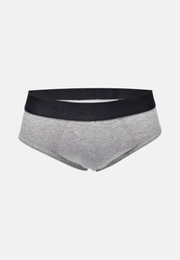 Culotte en coton gris avec une ceinture élastique noire arborant le logo "ALLSAINTS" en relief. Forme classique et texture lisse, conçue pour le confort.