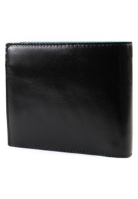 Portafoglio in pelle nera con texture liscia, forma rettangolare e cuciture ben visibili lungo i bordi. Design minimalista, senza decorazioni.