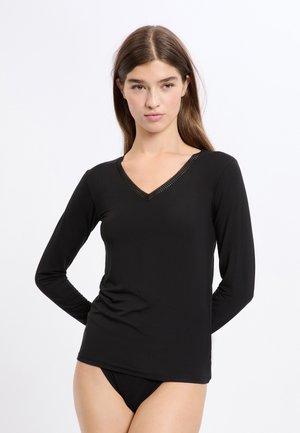 Black long-sleeve top with a V-neckline featuring a decorative lace trim. Made from smooth fabric, fitted design, and simple silhouette.