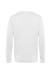 Sudadera blanca de tejido suave, con mangas largas, cuello redondo y puños y dobladillo acanalados con una textura lisa.