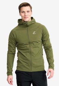 Olive green zip-up jacket with a fitted design, hood, and long sleeves. Features a logo on the chest and smooth, stretchy fabric.