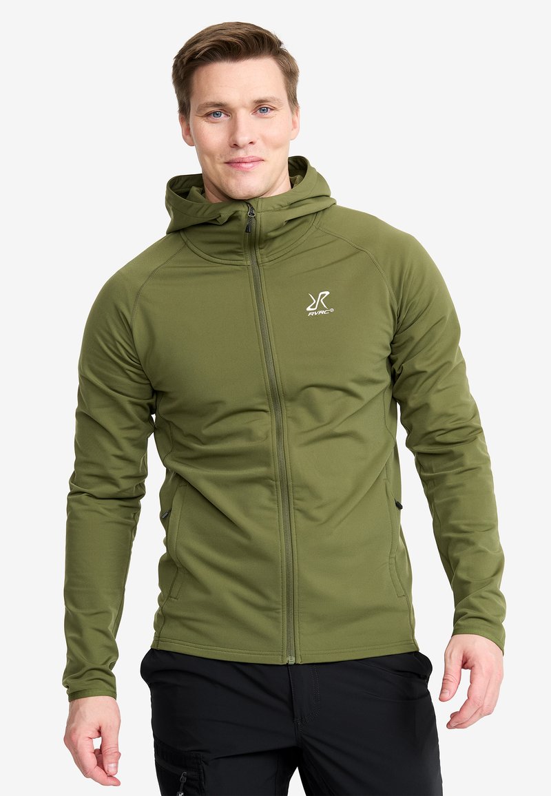 Olive green zip-up jacket with a fitted design, hood, and long sleeves. Features a logo on the chest and smooth, stretchy fabric.
