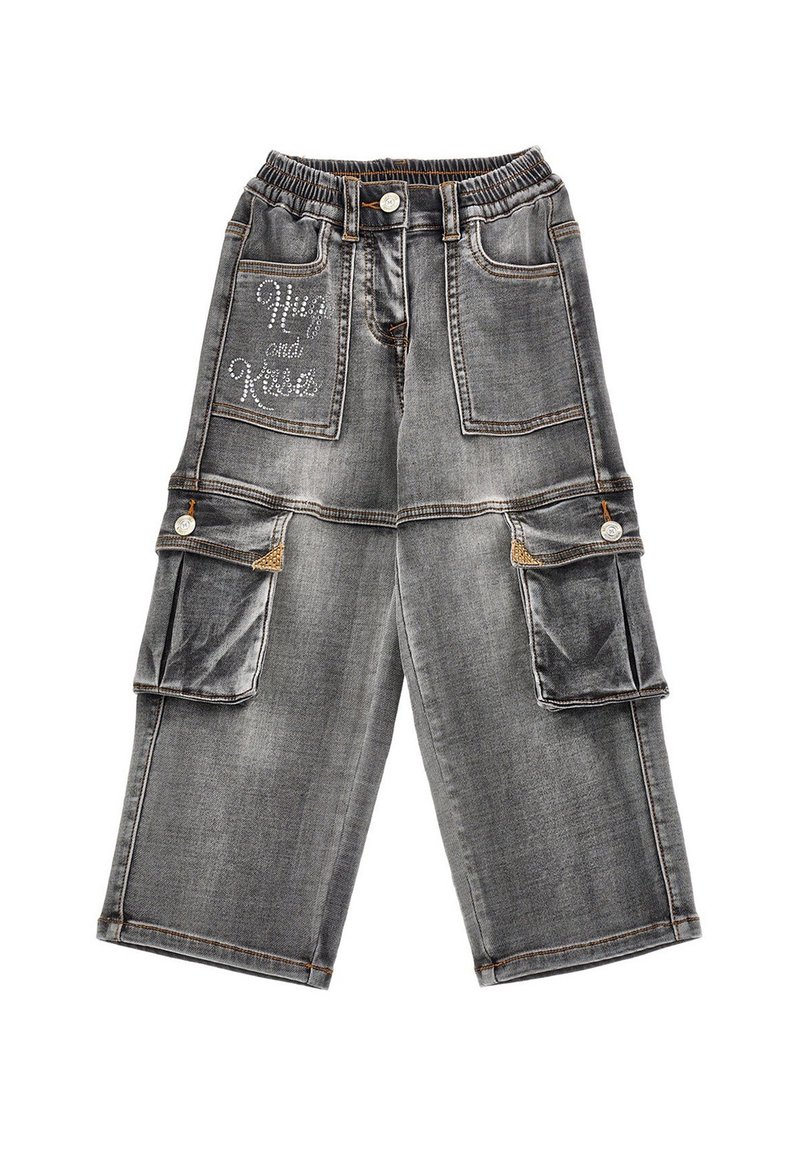 Pantaloni cargo in denim grigio con vita elasticizzata, molteplici tasche e dettagli in strass. Fit loose, design a gamba larga, cuciture in contrasto.