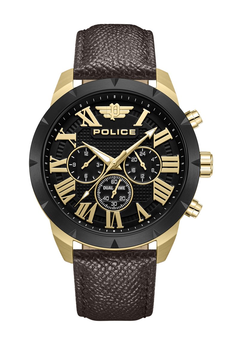 Svart och guld analog klocka med en texturerad svart urtavla, romerska siffror, funktion för dubbel tid och ett mörkbrunt läderarmband.