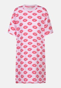 T-shirt oversize rosa con un motivo ripetuto di labbra rosse. Maniche corte, scollo rotondo e tessuto in cotone morbido.