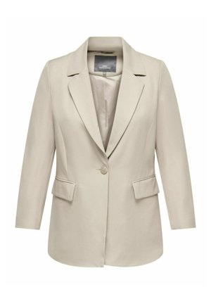 Beżowa marynarka z wykładanym kołnierzykiem, zapięciem na jeden guzik, dwiema przednimi kieszeniami i długimi rękawami. Wykonana z gładkiego materiału o dopasowanym kroju.