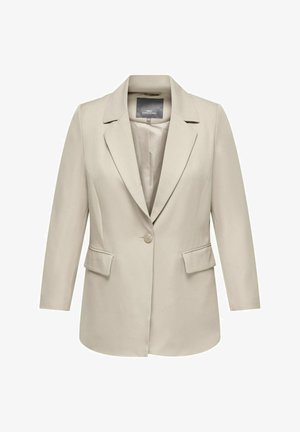 Beżowa marynarka z wykładanym kołnierzykiem, zapięciem na jeden guzik, dwiema przednimi kieszeniami i długimi rękawami. Wykonana z gładkiego materiału o dopasowanym kroju.
