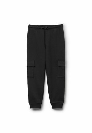 Pantalons de survêtement noirs avec taille élastique et cordon de serrage. Comprend deux poches latérales et des poignets ajustés. Tissu doux et texturé.