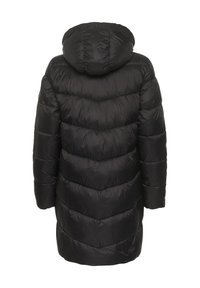 Doudoune noire avec capuche, présentant un design matelassé et un motif en chevron prononcé. Fabriquée en tissu brillant et isolant.