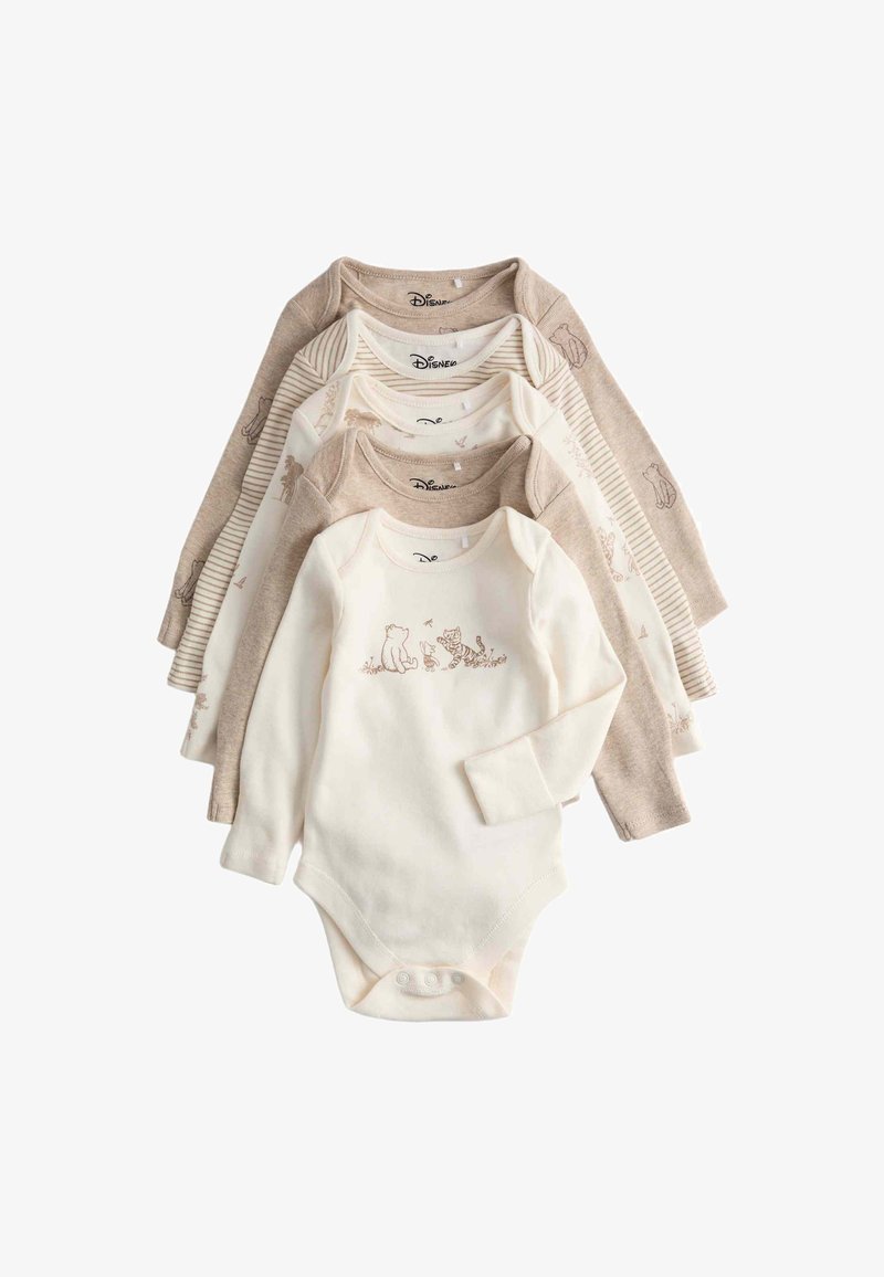 Five long-sleeve baby bodysuits in cream and beige tones, featuring animal prints and a striped pattern. Soft cotton material. Snap closures.