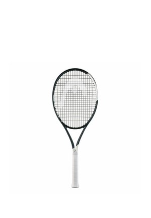 Black and white tennis racket with white grip, oval head, and tightly woven strings on a plain white background.