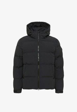 Czarna pikowana kurtka z zamkiem z przodu, kapturem i elastycznymi mankietami. Wykonana z gładkiego materiału z pikowanym wzorem, bez widocznych logo.