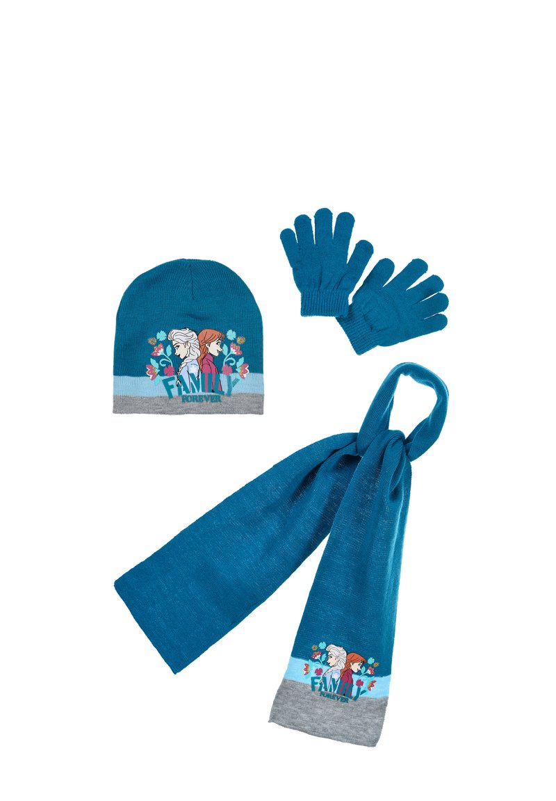Set di cappello, guanti e sciarpa in maglia turchese. La sciarpa presenta accenti grigi e motivi floreali, con il testo "Famiglia per Sempre" sul cappello e sulla sciarpa.