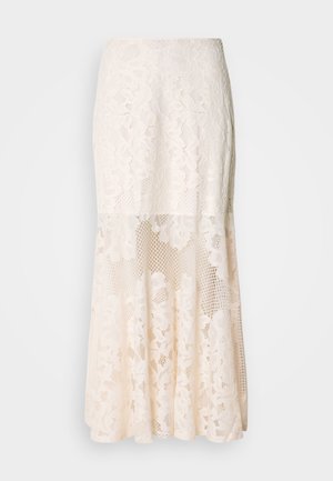 Floral lace midi skirt in cream; features layered design with sheer sections, textured lace, and a flared hem.