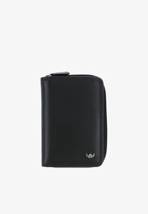 Portefeuille en cuir noir avec fermeture éclair tout autour, coutures visibles et petit emblème logo argenté dans le coin inférieur droit, fermé et debout.