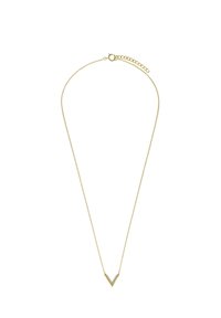 Gouden ketting met een dunne schakel en een V-vormige hanger versierd met kleine heldere stenen. Verstelbare sluiting aan de achterkant.