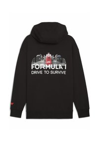 Sudadera negra con capucha que presenta un gráfico de un coche de Fórmula 1 en la parte posterior, con el texto "FORMULA 1 DRIVE TO SURVIVE" en blanco. Acento rojo en la manga.