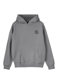 Grijze pullover hoodie van een katoenmix, met een voorvak en een ronde logo op de linkerborst. Gladde textuur, ontspannen pasvorm.