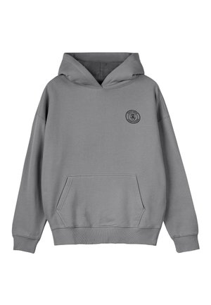 Gray pullover hoodie made of cotton blend, featuring a front pouch pocket and a round logo on the left chest. Smooth texture, relaxed fit.
