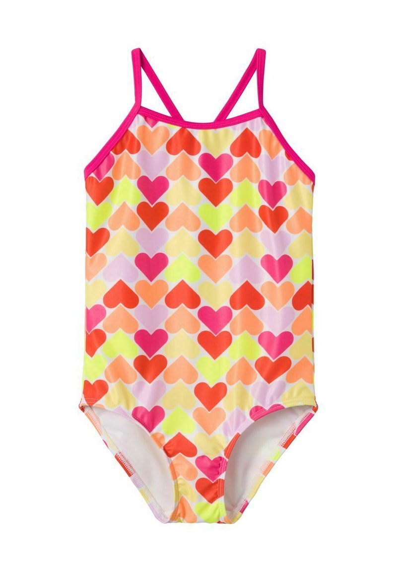 Bañador de una pieza en colores brillantes, con un patrón de corazones. Hecho de tela suave con tirantes y ribete en rosa.