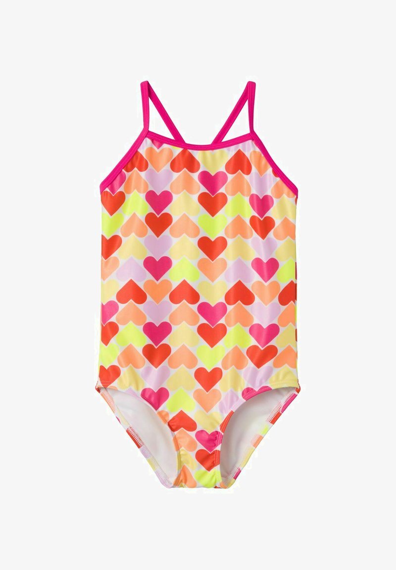 Bañador de una pieza en colores brillantes, con un patrón de corazones. Hecho de tela suave con tirantes y ribete en rosa.