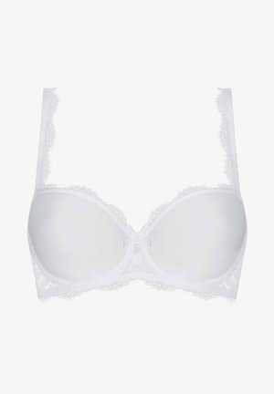 Witte kant bh met gladde cups, verstelbare bandjes en decoratieve kantafwerking langs de randen. Bevat een centrale strikaccent.