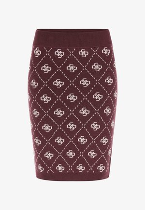 Bordeauxfarbener, gestrickter Bleistiftrock mit Rautenmuster und weißen Logoakzenten, ausgestattet mit einem gerippten Bund und glatter Textur.