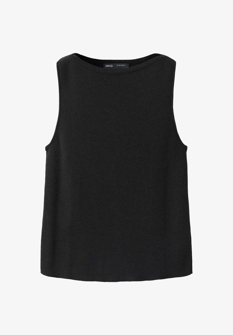 Haut noir sans manches en maille avec encolure ronde, design simple et ourlet droit.