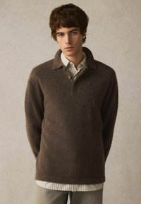 Brauner Fleece-Pullover mit Kragen, Knopfverschluss und strukturiertem Stoff. Über einem hell gestreiften Hemd getragen, von vorne präsentiert.