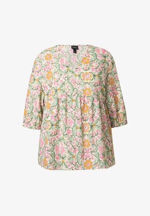 Kevyt kukkapaita, jossa on vihreä, vaaleanpunainen ja keltainen kuvio, pyöreä pääntie ja kolme neljännesosaa hihat, joissa on rypytysrasia.