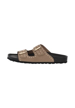 Brown slide sandal with black sole, two adjustable buckles, and small round metal studs on straps and sides.
