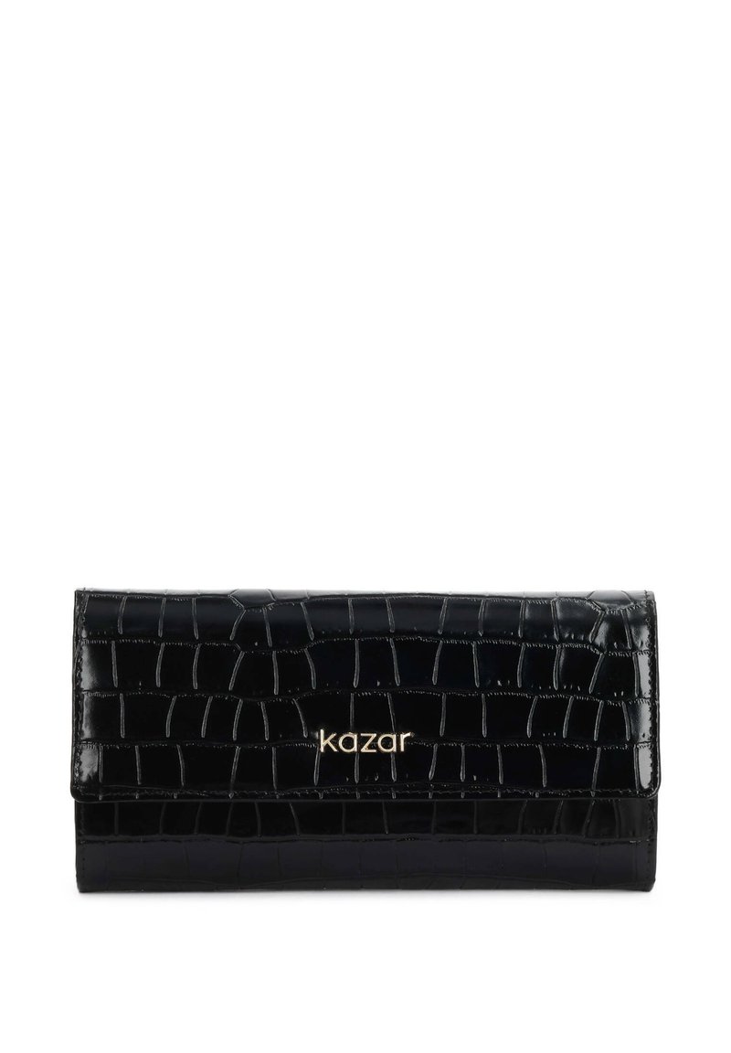 Melnas krokodila tekstūras ādas maks ar saliekamu klapi un zelta "kazar" logo centrā priekšpusē.