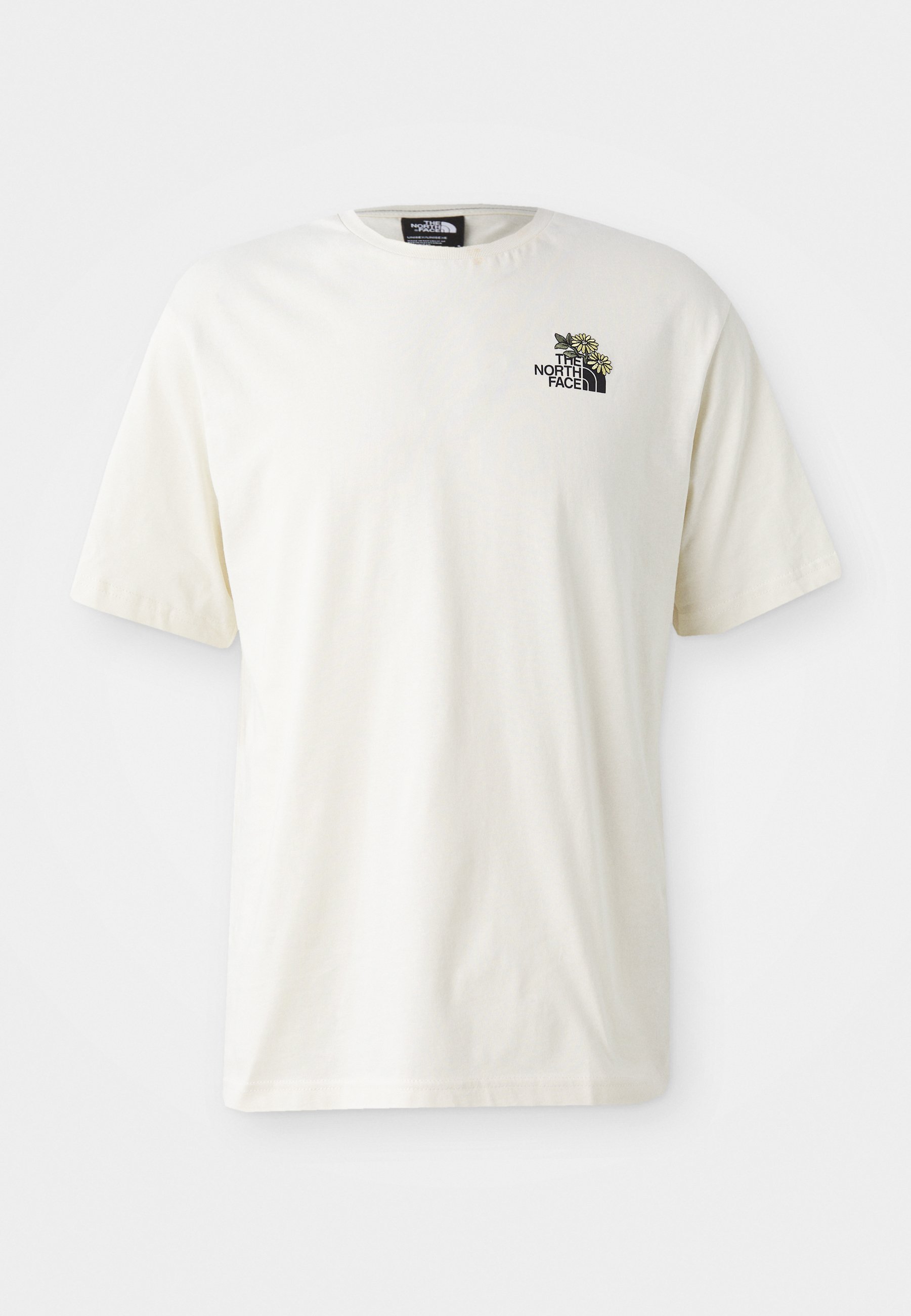 T-shirt en coton crème avec col rond, manches courtes et graphique sur le côté gauche de la poitrine représentant des fleurs et le logo "The North Face".