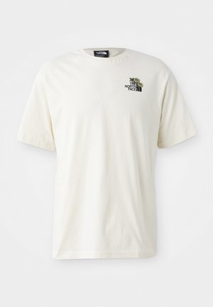 Cream-colored cotton t-shirt with crew neck, short sleeves, and left chest graphic featuring flowers and "The North Face" logo.