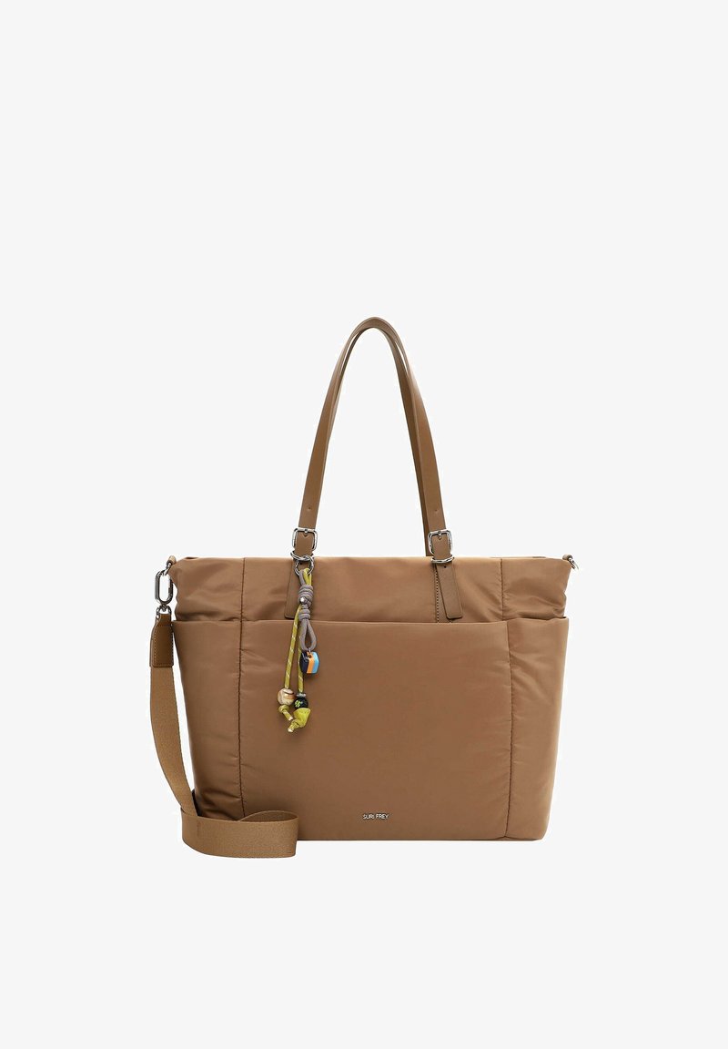 Bruine draagtas met twee handvatten, een afneembare schouderriem en kleurrijke decoratieve koorden bevestigd aan één handvat.