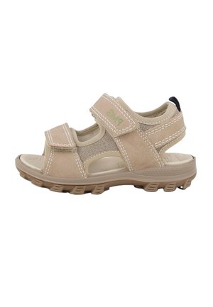 Sandalo da esterno beige con due cinturini in Velcro regolabili, suola ammortizzata, grip testurizzati e dettagli in mesh sul lato e sul tallone.