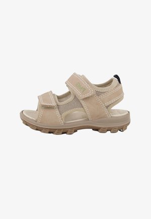 Sandalo da esterno beige con due cinturini in Velcro regolabili, suola ammortizzata, grip testurizzati e dettagli in mesh sul lato e sul tallone.