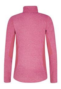 Top rosa a maniche lunghe con colletto alto, corpo strutturato e pannelli laterali lisci. Taglio aderente, con accenti a contrasto.