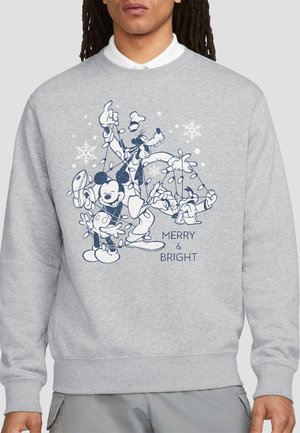 Gray sweatshirt with navy blue outline of Mickey Mouse, Goofy, and Donald entangled in Christmas lights and snowflakes with text "Merry & Bright."