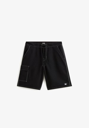 Pantaloni cargo neri con cuciture bianche, dotati di vita regolabile con cordoncino, due tasche laterali e una tasca cargo sulla gamba sinistra.