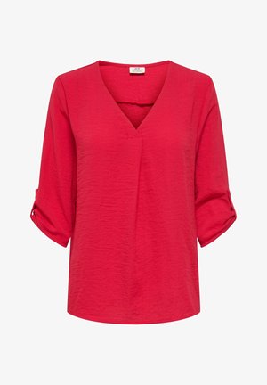 Rode blouse met een V-hals, driekwartmouwen die zijn opgerold en een gestructureerde stof. Heeft een losse pasvorm en een rechte zoom.