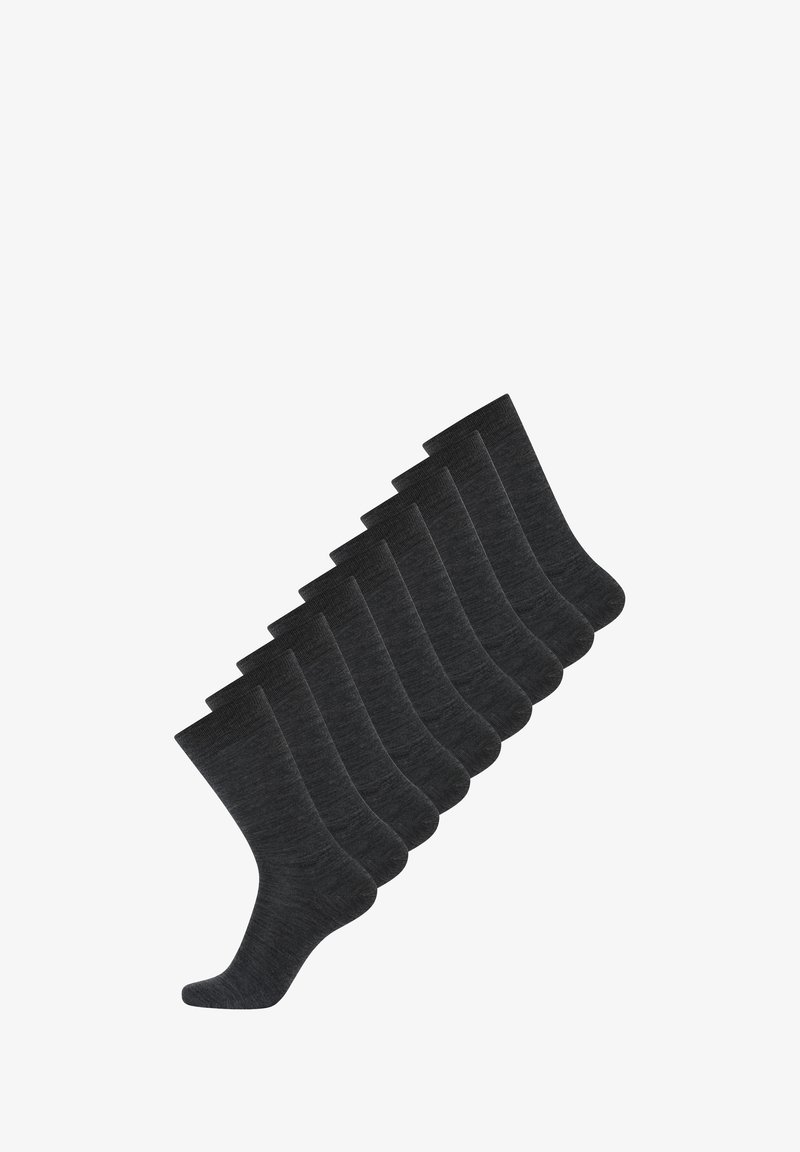 Dark gray cotton crew socks arranged in a row, featuring a smooth texture, contrasting ribbed cuffs, and a classic design.