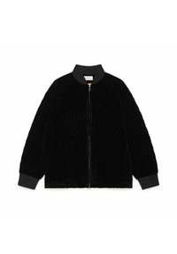 Giacca bomber trapuntata nera con zip frontale, colletto e polsini a coste, realizzata in morbido velluto. Presenta un motivo a diamante testurizzato.