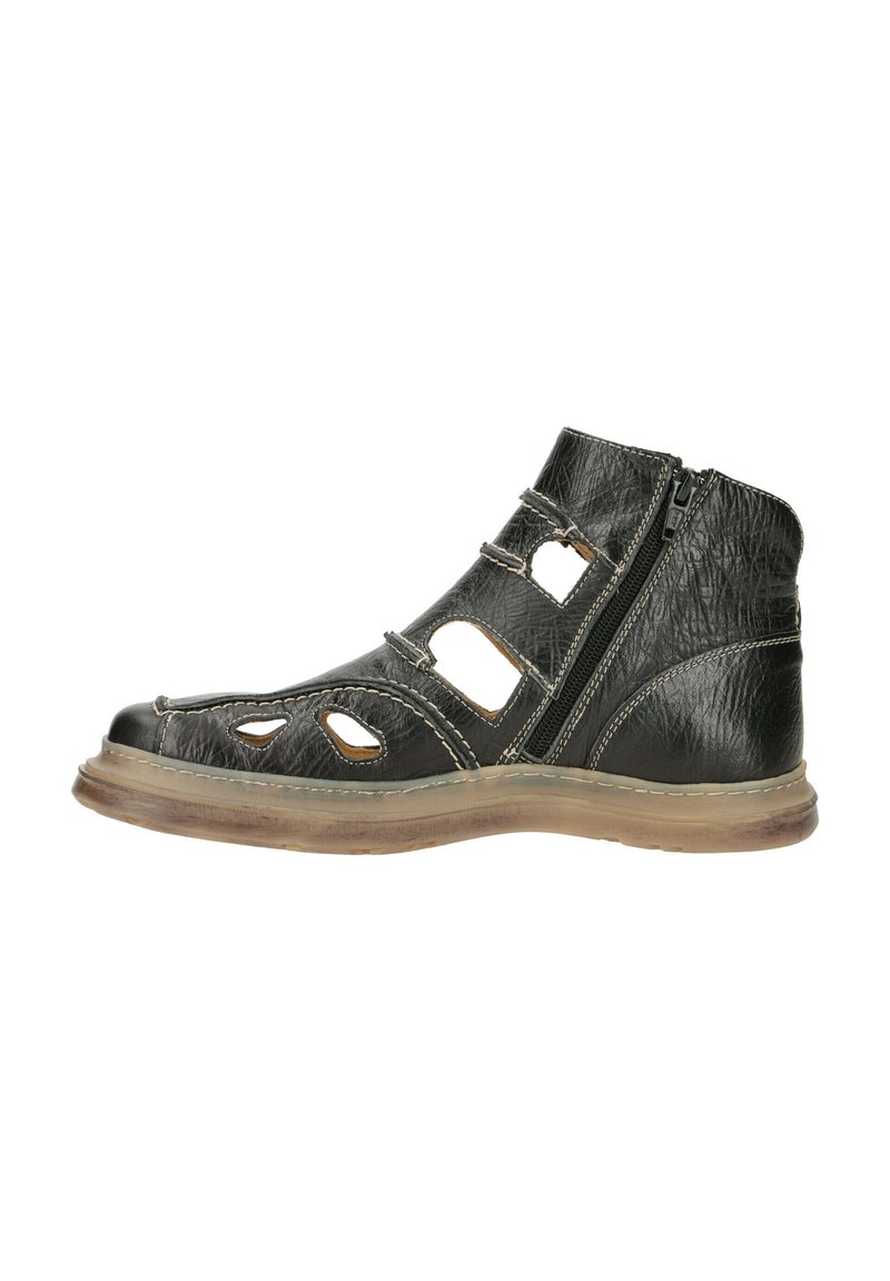 Schwarze Lederstiefelette mit belüfteten Ausschnitten, seitlichem Reißverschluss und leichter Gummisohle. Verfügt über kontrastierende Nahtdetails.