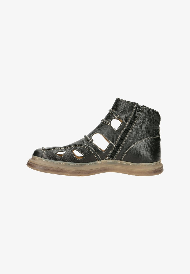 Schwarze Lederstiefelette mit belüfteten Ausschnitten, seitlichem Reißverschluss und leichter Gummisohle. Verfügt über kontrastierende Nahtdetails.