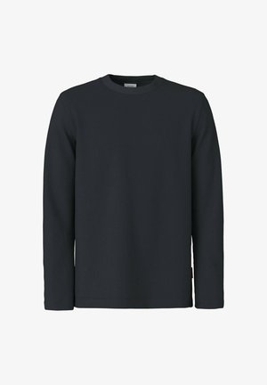Dunkel marineblauer Pullover mit langen Ärmeln und Rundhalsausschnitt, einfachem, einfarbigem Design und kleinem Etikett nahe dem unteren Saum auf weißem Hintergrund.