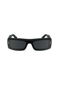 Black sunglasses with a rectangular shape. Matte finish with dark tinted lenses. Features curved temple arms and small silver accents.