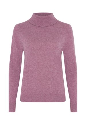Maglione viola a maglia con colletto alto e maniche lunghe. Presenta una texture liscia e una silhouette leggermente aderente.