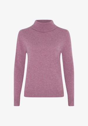 Fioletowy sweter wykonany na drutach z wysokim kołnierzem i długimi rękawami. Charakteryzuje się gładką fakturą i lekko dopasowanym krojem.